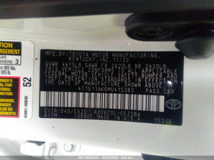 2021 TOYOTA CAMRY SE - 4T1G11AK6MU415383