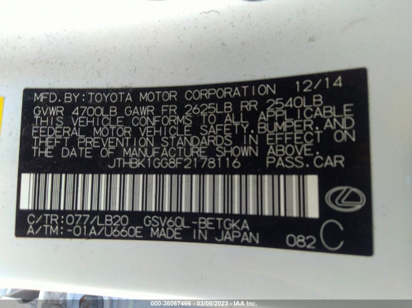 2015 LEXUS ES 350 - JTHBK1GG8F2178116