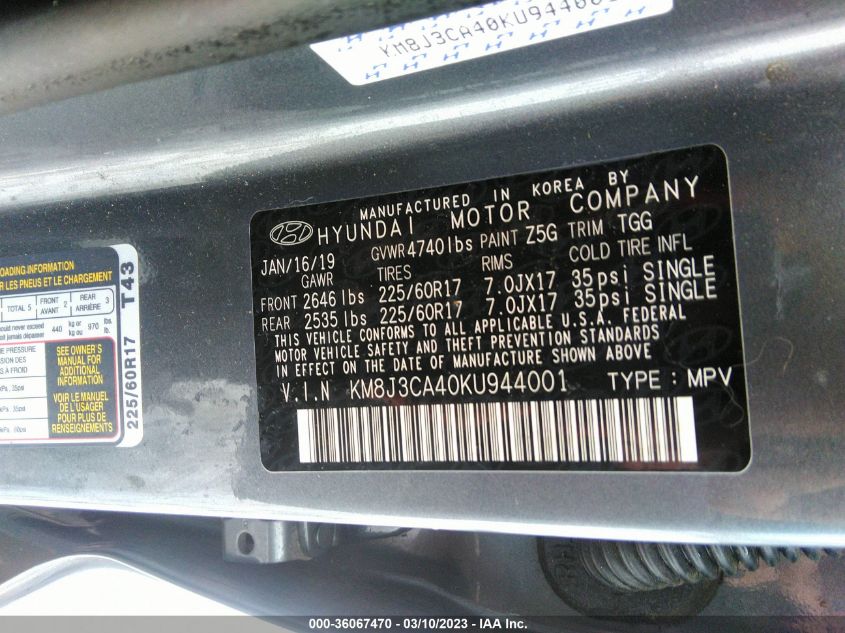 2019 HYUNDAI TUCSON VALUE - KM8J3CA40KU944001