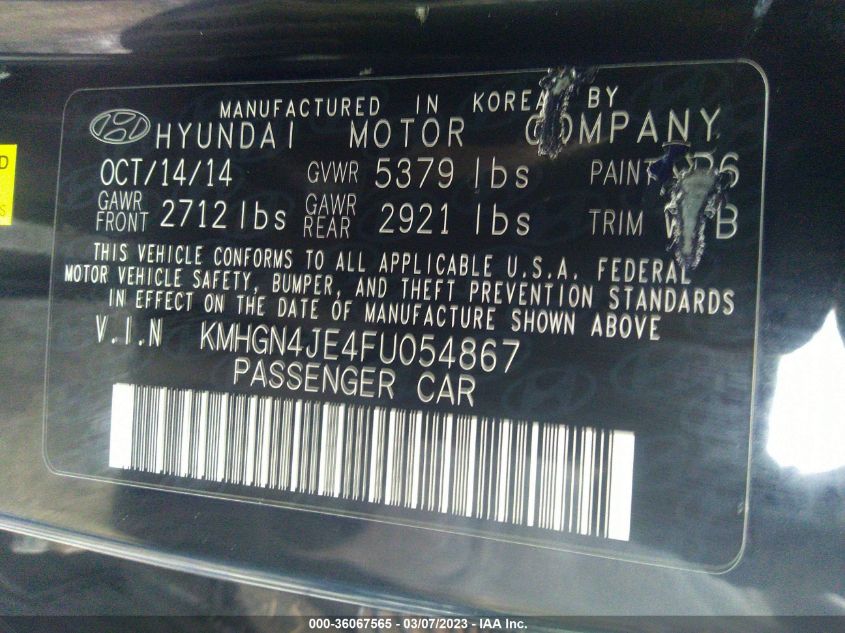 2015 HYUNDAI GENESIS 3.8L - KMHGN4JE4FU054867