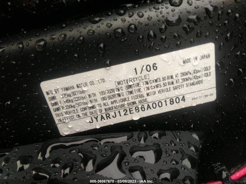 2006 YAMAHA YZFR6 L - JYARJ12E86A001804