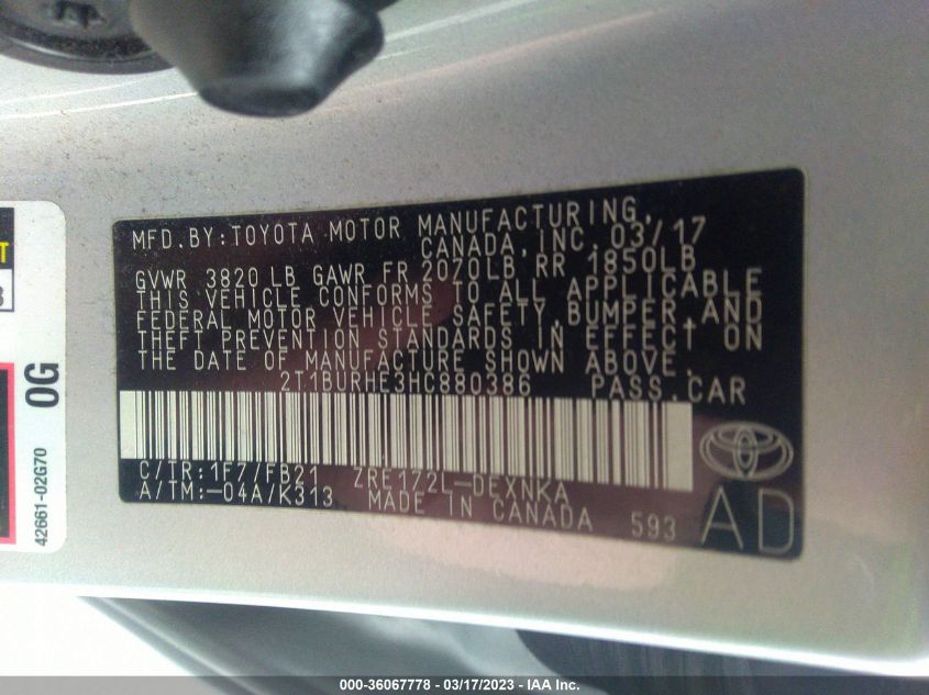 2017 TOYOTA COROLLA L/LE/XLE/SE - 2T1BURHE3HC880386