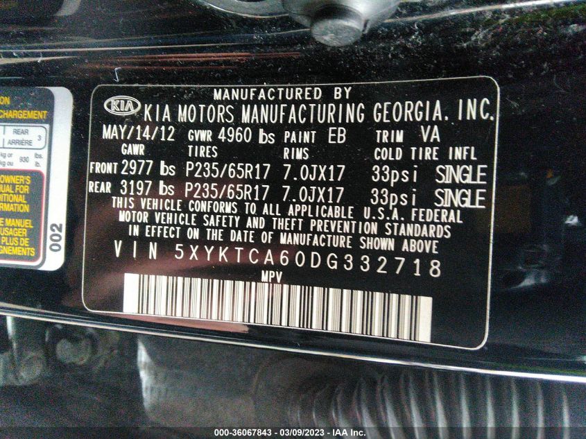 2013 KIA SORENTO LX - 5XYKTCA60DG332718