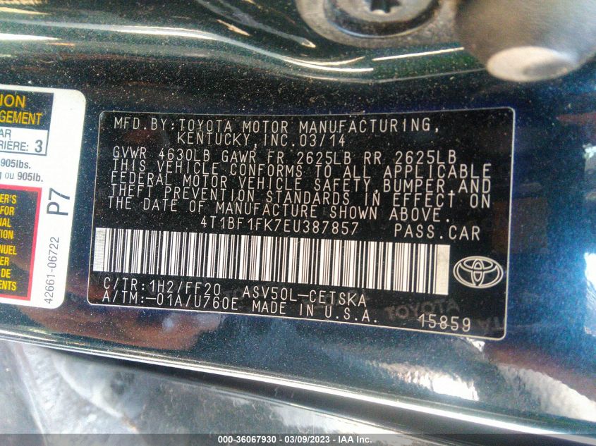 2014 TOYOTA CAMRY L/LE/XLE/SE/SE SPORT - 4T1BF1FK7EU387857