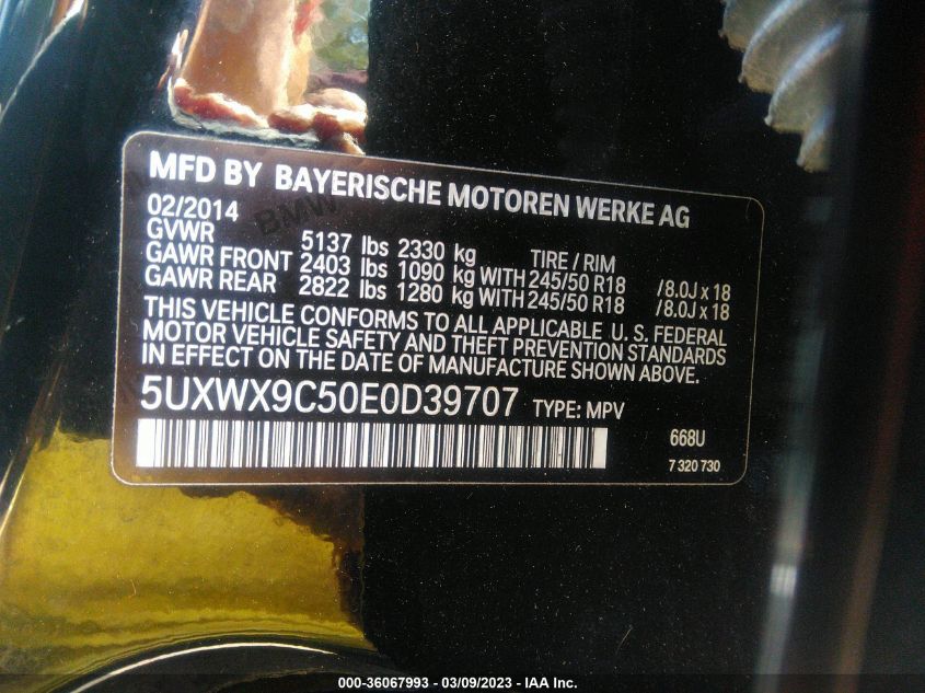 2014 BMW X3 XDRIVE28I - 5UXWX9C50E0D39707