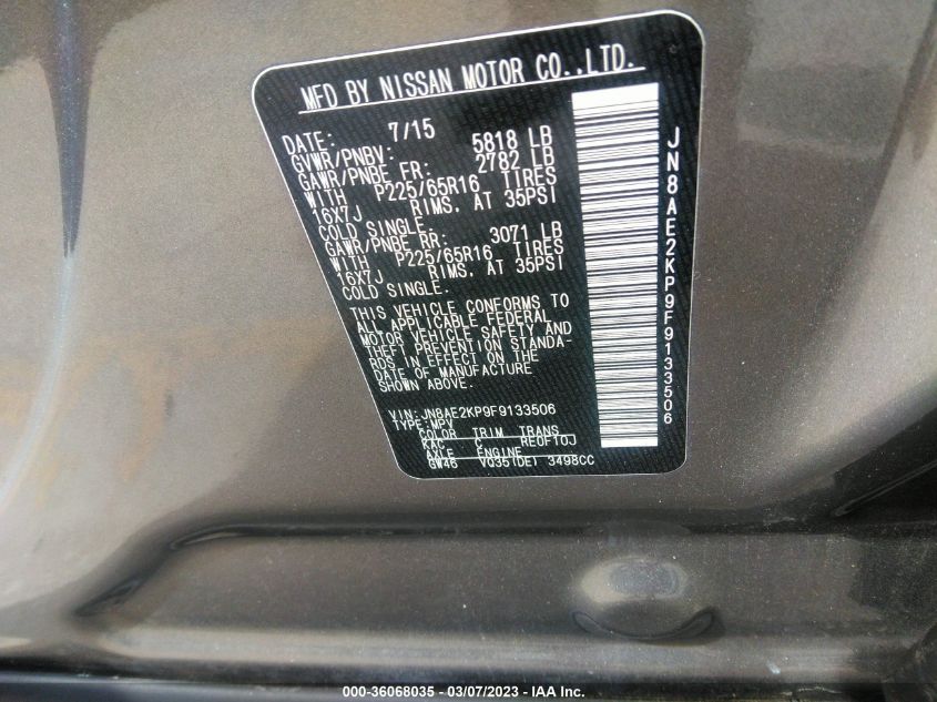 2015 NISSAN QUEST SV - JN8AE2KP9F9133506