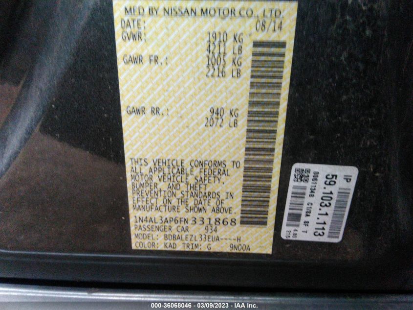 2015 NISSAN ALTIMA 2.5 S - 1N4AL3AP6FN331868