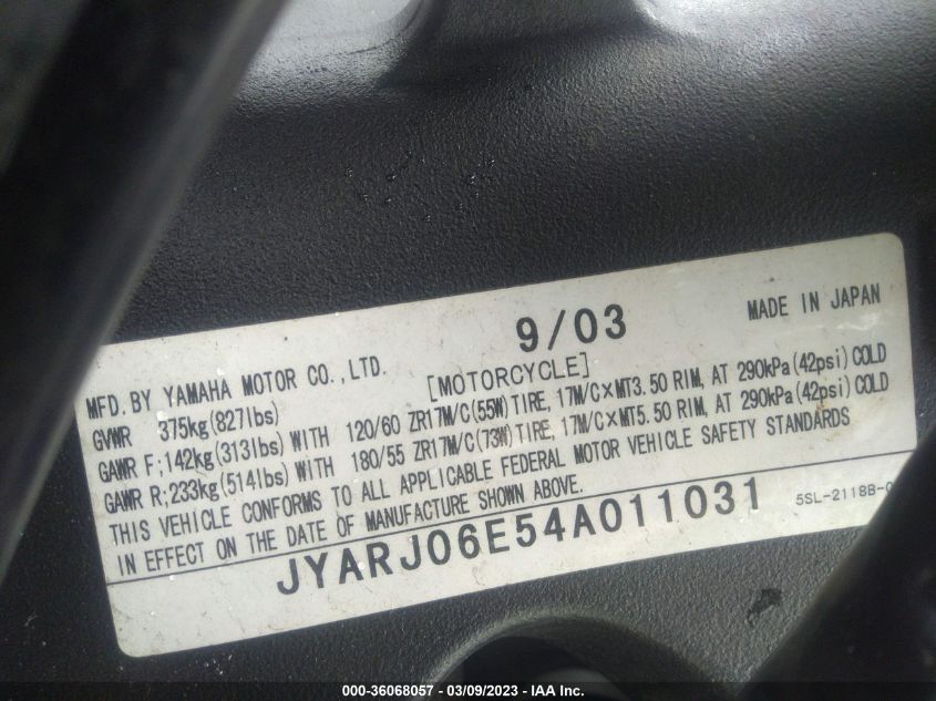 2004 YAMAHA YZFR6 L JYARJ06E54A011031