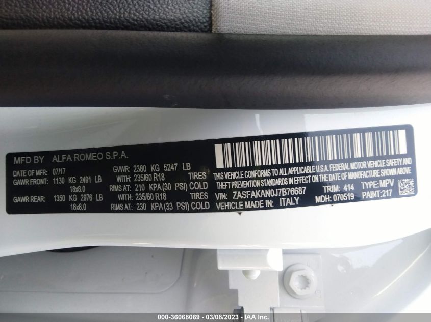 2018 ALFA ROMEO STELVIO - ZASFAKAN0J7B76687