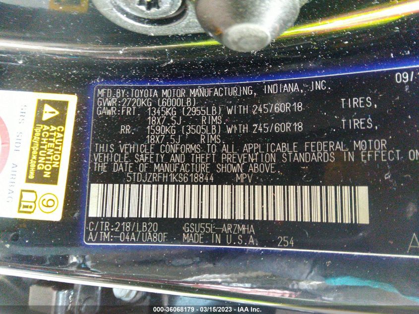 2019 TOYOTA HIGHLANDER XLE - 5TDJZRFH1KS618844