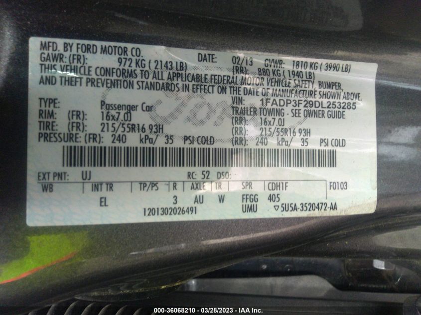 2013 FORD FOCUS SE - 1FADP3F29DL253285