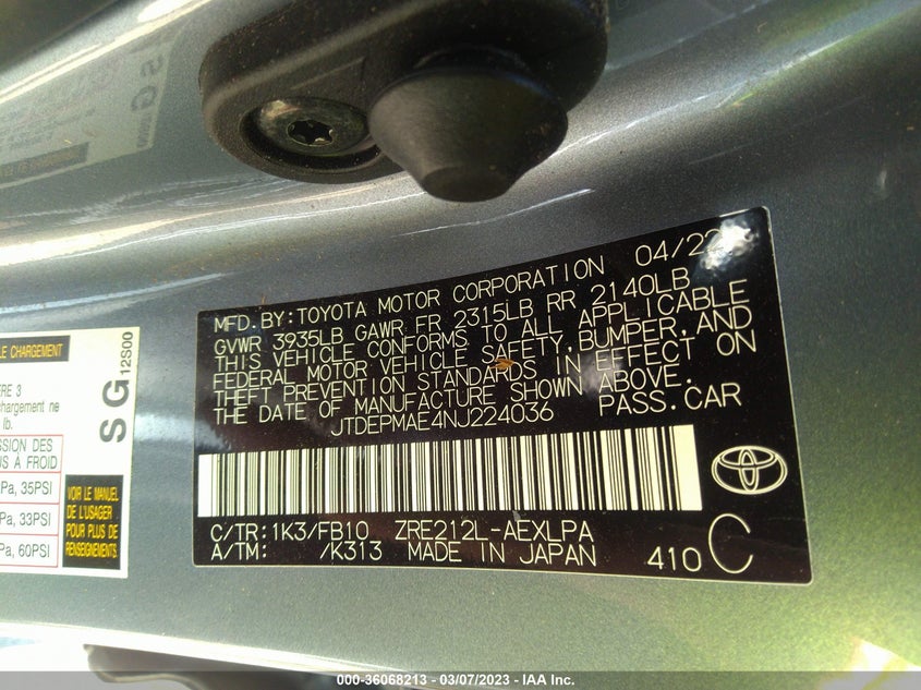 VIN JTDEPMAE4NJ224036 2022 TOYOTA COROLLA LE