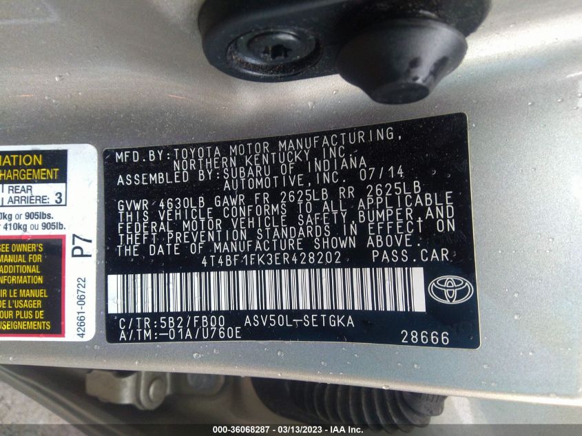 2014 TOYOTA CAMRY L/LE/XLE/SE/SE SPORT - 4T4BF1FK3ER428202