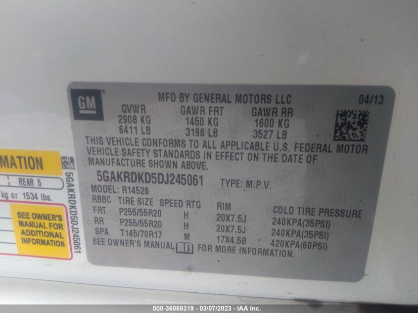 2013 BUICK ENCLAVE PREMIUM - 5GAKRDKD5DJ245061