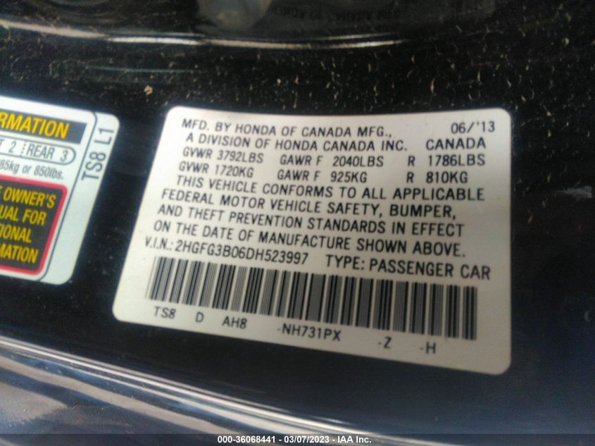 2013 HONDA CIVIC CPE EX-L - 2HGFG3B06DH523997