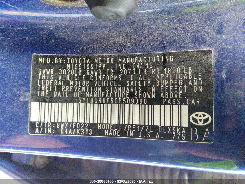 2016 TOYOTA COROLLA L/LE/S/S PLUS/LE PLUS - 5YFBURHE5GP509390