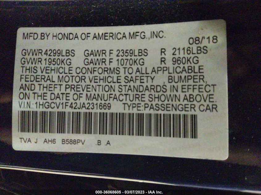 2018 HONDA ACCORD SEDAN EX 1.5T - 1HGCV1F42JA231669