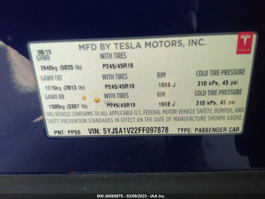 2015 TESLA MODEL S 85D/70D/90D/P90D - 5YJSA1V22FF097878