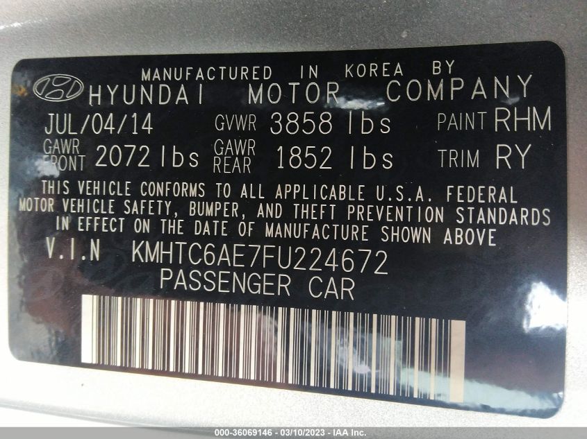 2015 HYUNDAI VELOSTER TURBO - KMHTC6AE7FU224672
