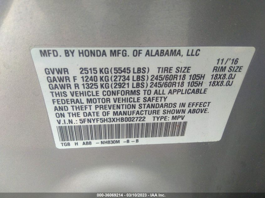 2017 HONDA PILOT EX - 5FNYF5H3XHB002722
