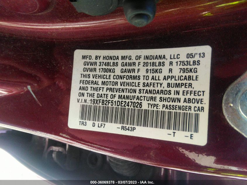 2013 HONDA CIVIC SDN LX - 19XFB2F51DE247026