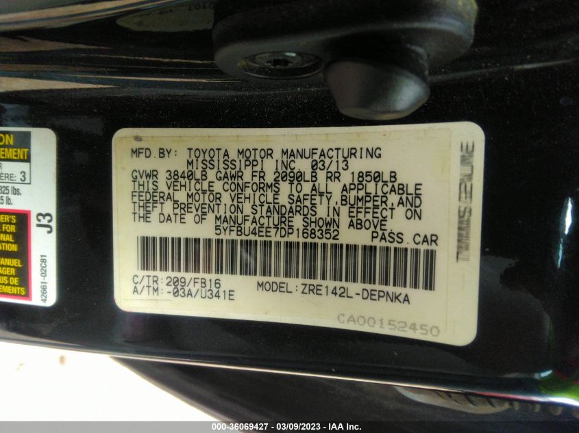 2013 TOYOTA COROLLA L/LE/S - 5YFBU4EE7DP168352