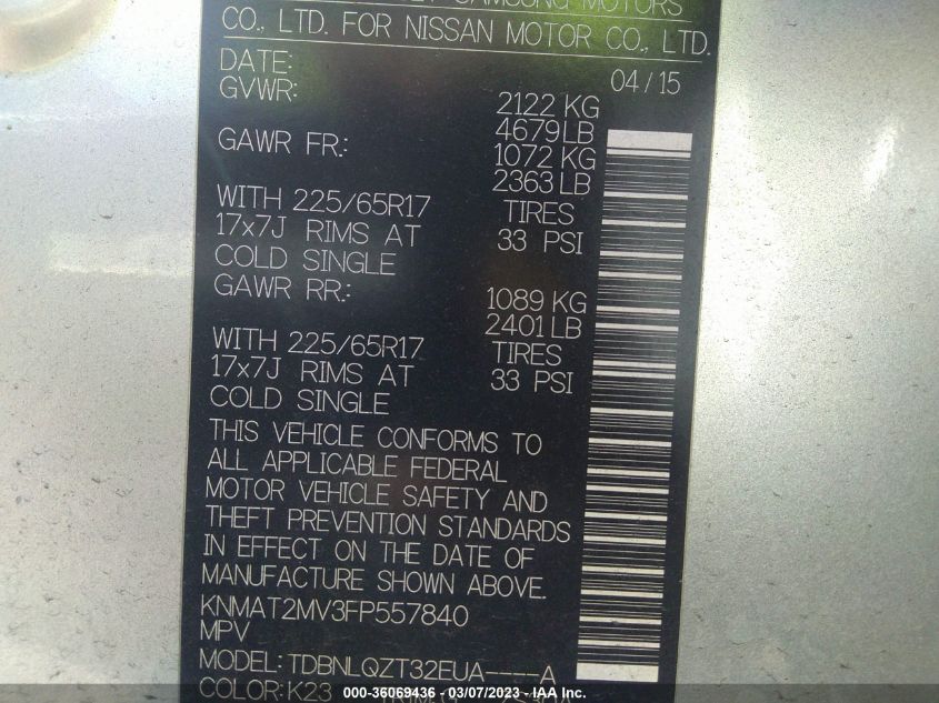 2015 NISSAN ROGUE SV - KNMAT2MV3FP557840