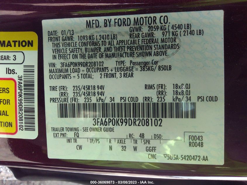 2013 FORD FUSION TITANIUM - 3FA6P0K99DR208102