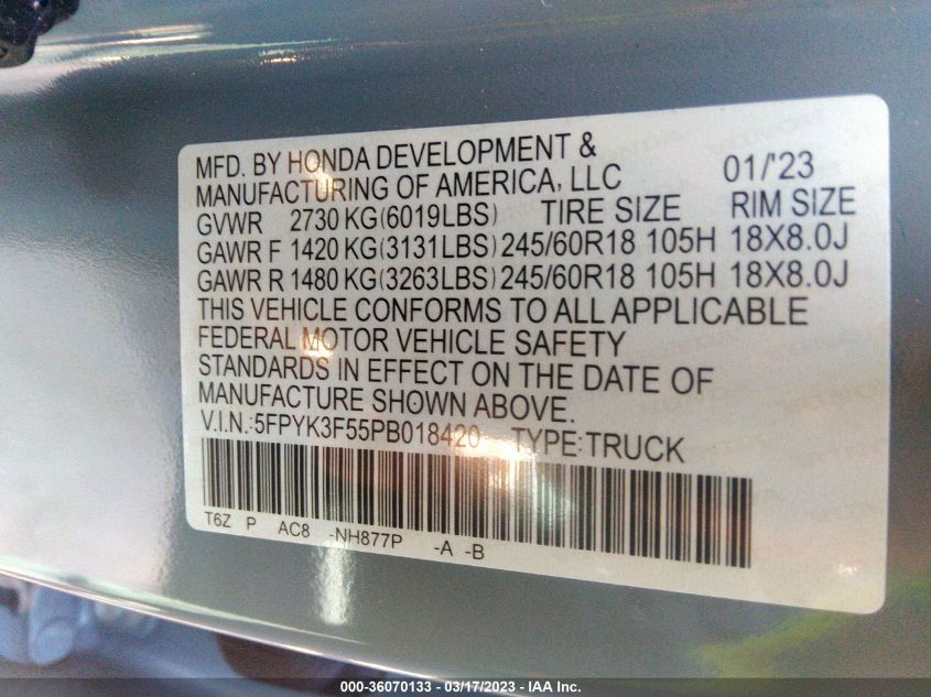 2023 HONDA RIDGELINE RTL - 5FPYK3F55PB184210