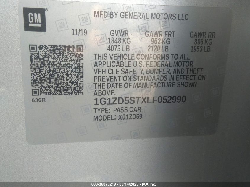 2020 CHEVROLET MALIBU LT - 1G1ZD5STXLF052990