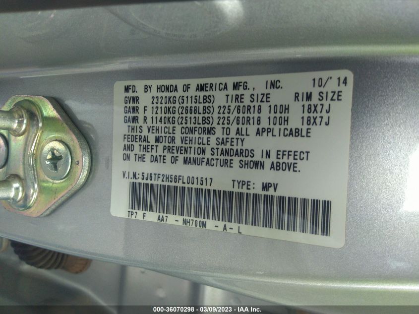 2015 HONDA CROSSTOUR EX-L - 5J6TF2H56FL001517