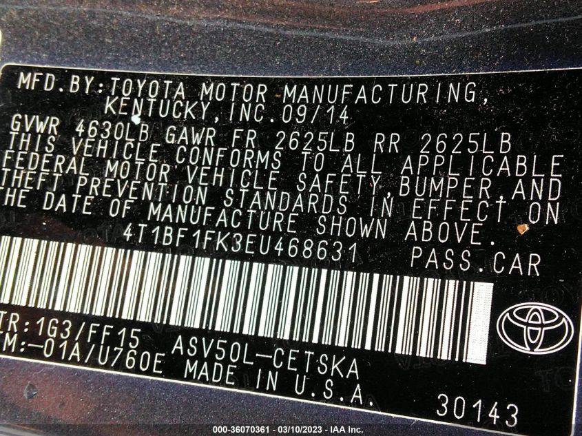 2014 TOYOTA CAMRY L/LE/XLE/SE/SE SPORT - 4T1BF1FK3EU468631