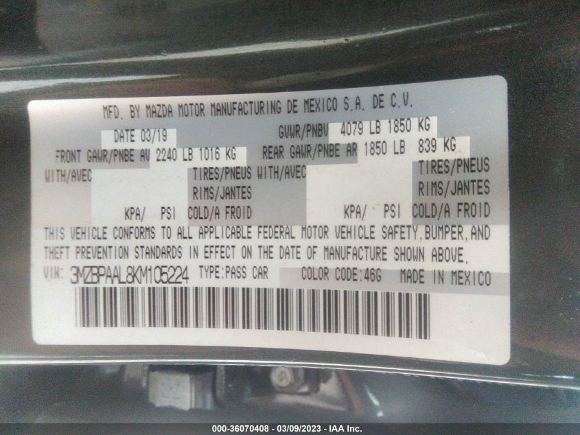 2019 MAZDA MAZDA3 SEDAN W/SELECT PKG 3MZBPAAL8KM105224