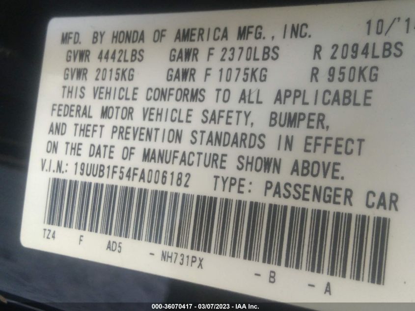 2015 ACURA TLX TECH - 19UUB1F54FA006182