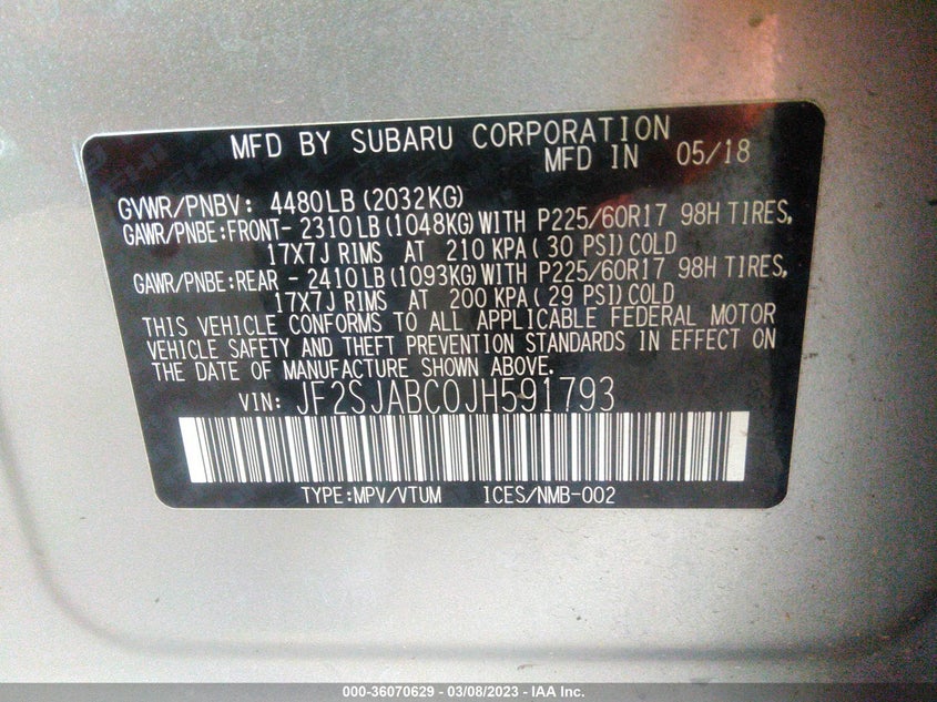 VIN JF2SJABC0JH591793 2018 SUBARU FORESTER