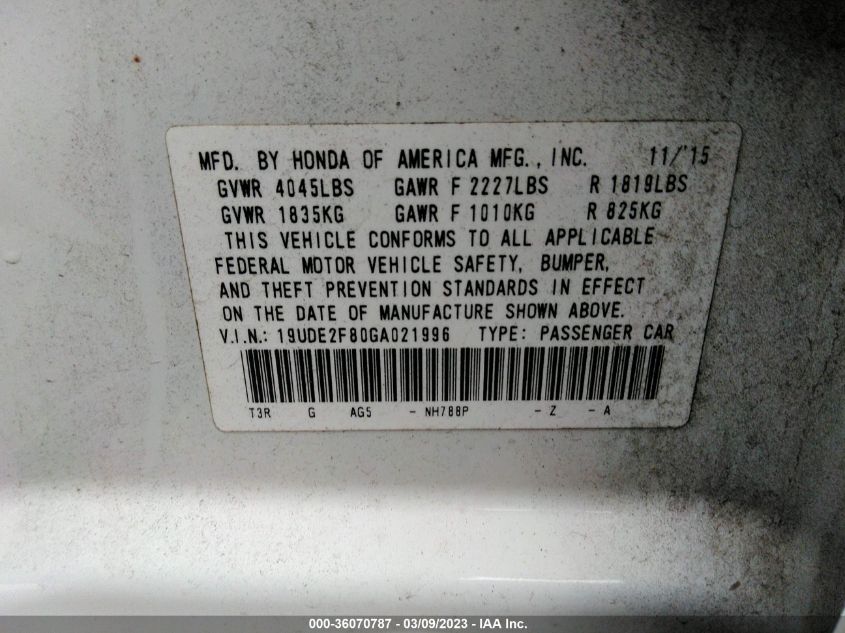 2016 ACURA ILX W/PREMIUM - 19UDE2F80GA021996