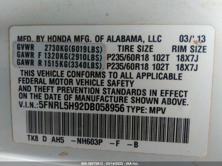 2013 HONDA ODYSSEY TOURING - 5FNRL5H92DB058956