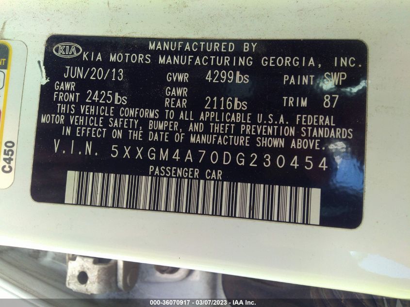 2013 KIA OPTIMA LX - 5XXGM4A70DG230454
