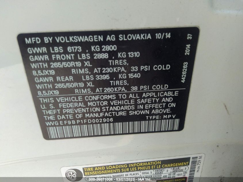 2015 VOLKSWAGEN TOUAREG LUX - WVGEF9BP1FD002906