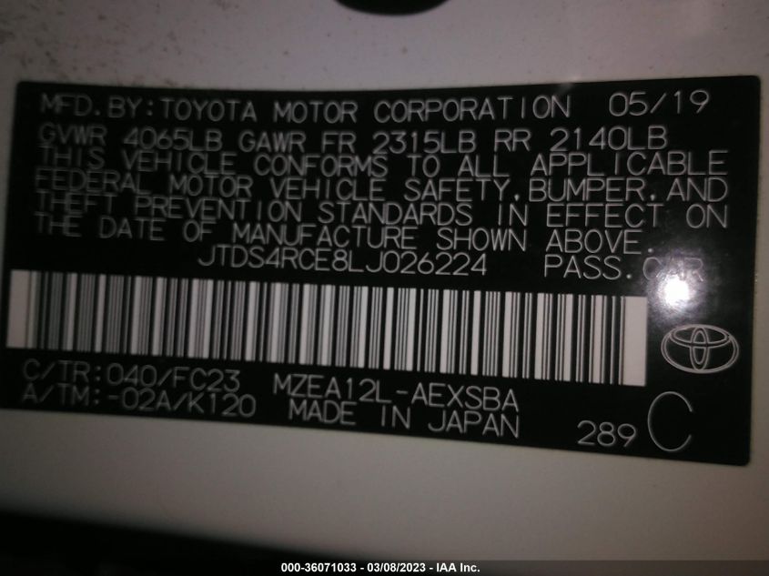 2020 TOYOTA COROLLA SE/NIGHTSHADE - JTDS4RCE8LJ026224