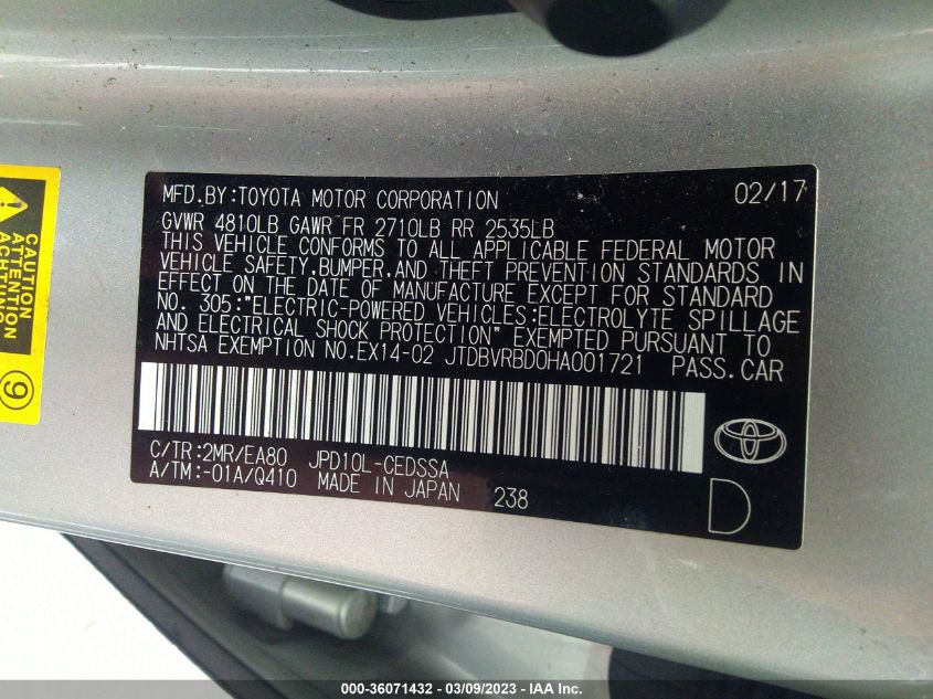 2017 TOYOTA MIRAI JTDBVRBD0HA001721