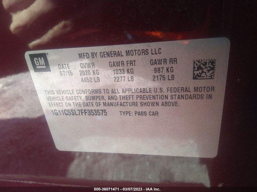 2015 CHEVROLET MALIBU LT - 1G11C5SL7FF353575