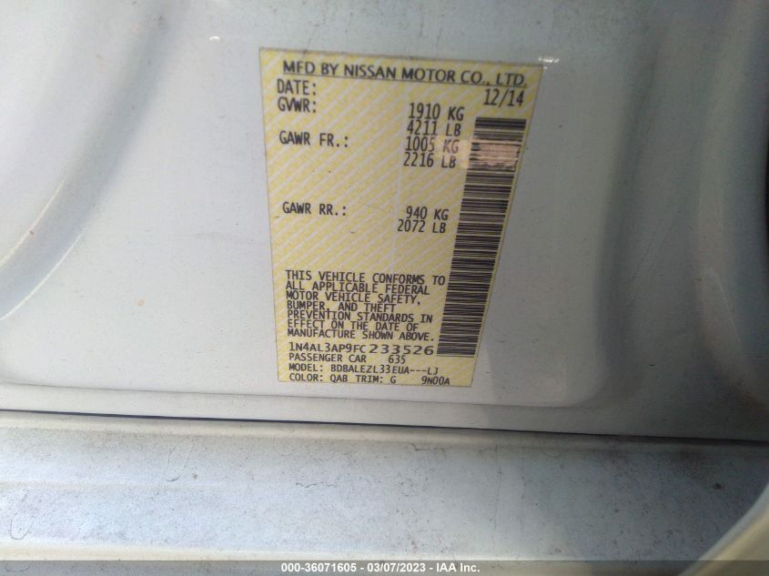 2015 NISSAN ALTIMA 2.5 S - 1N4AL3AP9FC233526