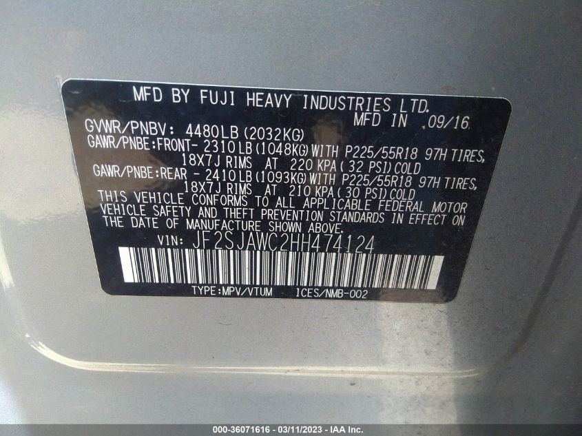 2017 SUBARU FORESTER TOURING - JF2SJAWC2HH474124