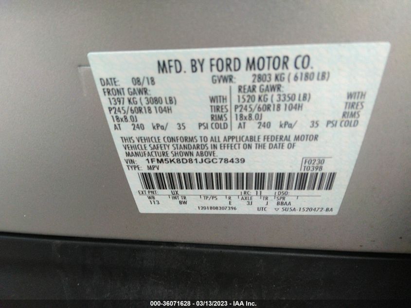 2018 FORD EXPLORER XLT - 1FM5K8D81JGC78439