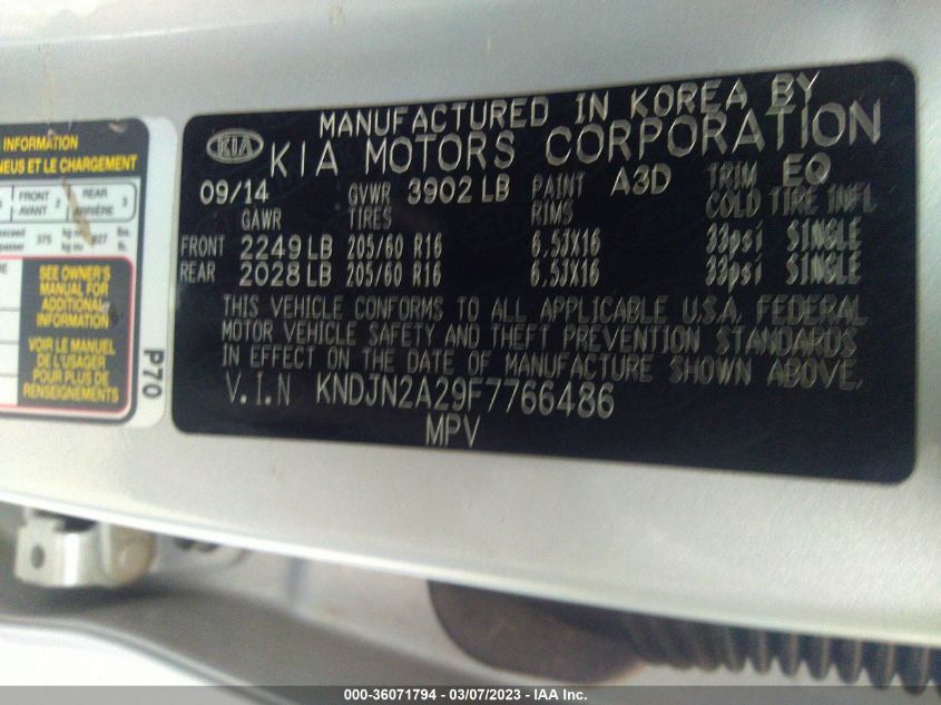 2015 KIA SOUL BASE - KNDJN2A29F7766486