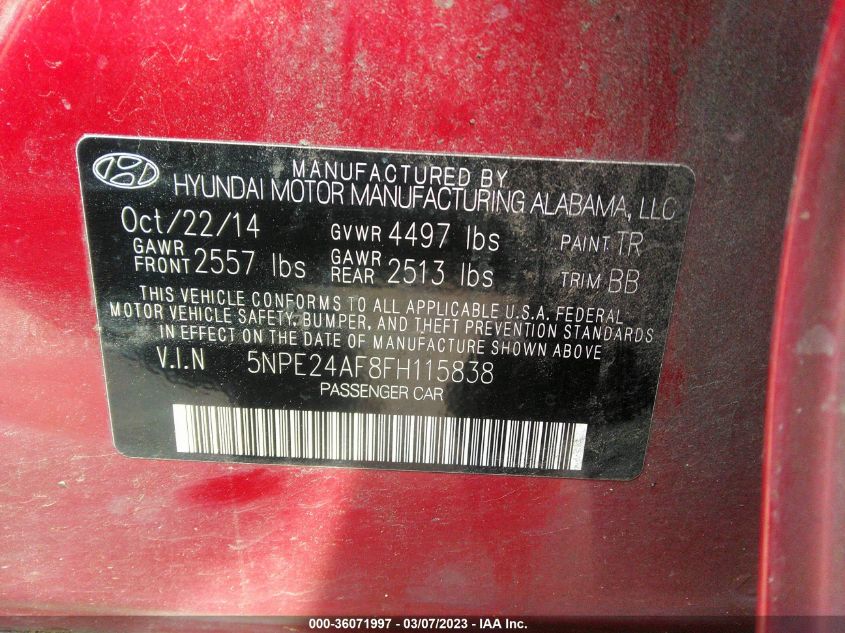 2015 HYUNDAI SONATA 2.4L SE - 5NPE24AF8FH115838