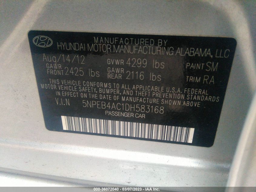 2013 HYUNDAI SONATA GLS - 5NPEB4AC1DH583168