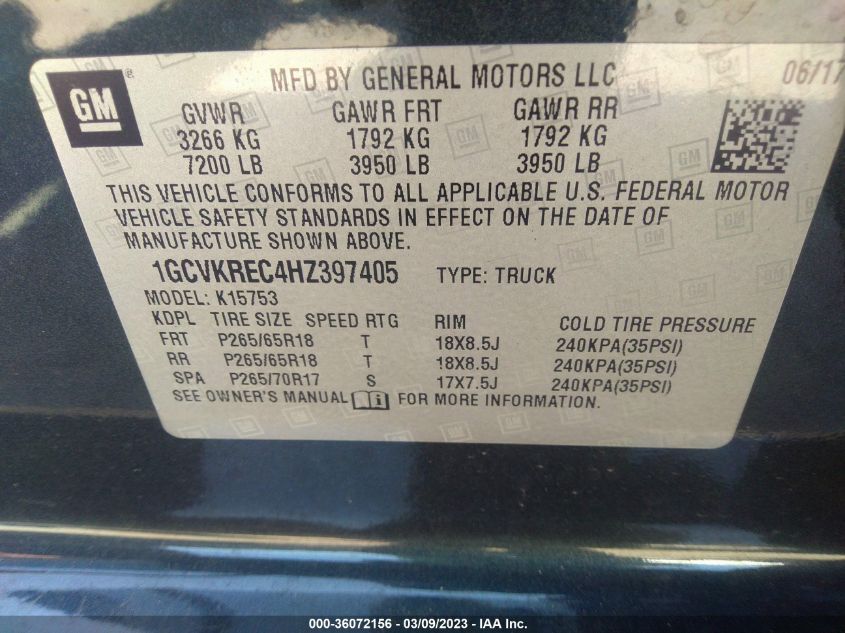 2017 CHEVROLET SILVERADO 1500 LT - 1GCVKREC4HZ397405