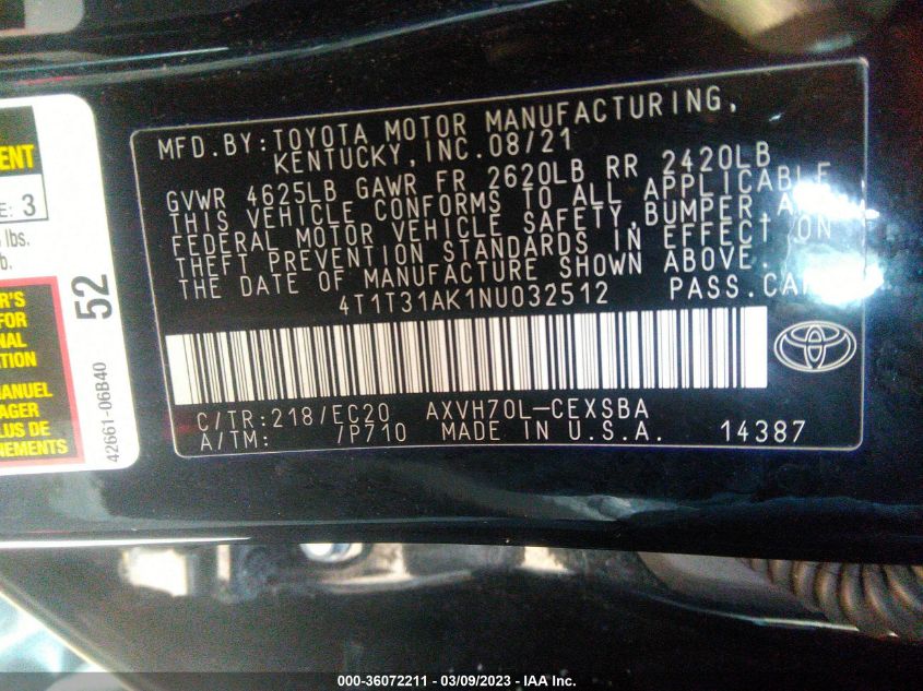 2022 TOYOTA CAMRY HYBRID - 4T1T31AK1NU032512